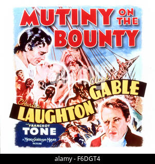 DATE DE SORTIE : Novembre 22, 1935. Titre du film : Mutinerie sur le Bounty. STUDIO : Metro-Goldwyn-Mayer (MGM). Résumé : L'Aspirant Roger Byam rejoint le Capitaine Bligh et Fletcher Christian à bord du HMS Bounty pour un voyage à Tahiti. Bligh s'avère être un tyran brutal et, après six mois à Tahiti, Christian mène l'équipage à la mutinerie sur le voyage de retour. Même si Byam ne prend aucune part à la mutinerie, il doit se défendre contre des accusations qu'il a appuyé Christian. Photo : Charles Laughton que Bligh et Clark Gable en tant que chrétien. Banque D'Images