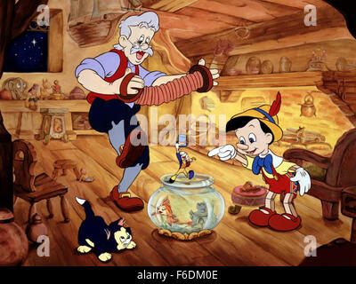 DATE DE SORTIE : 9 février 1940. Titre du film : Pinocchio. STUDIO : Walt Disney Productions. PLOT : Inventeur Gepetto crée une marionnette en bois appelé Pinocchio. Son souhait qu'un vrai petit garçon, Pinocchio est subitement accordée par une fée. La fée Jiminy Cricket attribue à agir comme Pinocchio'sconscience et de le garder hors de l'ennui. Jiminy n'est pas trop bien réussi dans cette entreprise et la plupart du film est passé avec Pinocchio de profondeur en difficulté. Sur la photo : . Banque D'Images