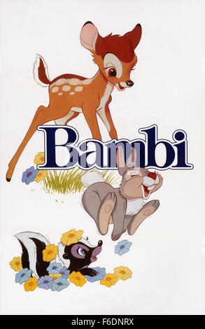 DATE DE SORTIE : Août 21, 1942. Titre du film : Bambi. STUDIO : Walt Disney Productions. Résumé : L'histoire animée de Bambi, un jeune cerf salué comme le "Prince de la forêt" à sa naissance. Comme Bambi se développe, il se fait des amis avec les autres animaux de la forêt, apprend les techniques nécessaires pour survivre, et trouve même l'amour. Un jour, cependant, les chasseurs viennent, et Bambi doit apprendre à être aussi courageux que son père s'il est d'entraîner l'autre cerf pour la sécurité. Sur la photo : . Banque D'Images