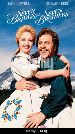 DATE DE SORTIE : Juillet 22, 1954. Titre du film : Seven Brides for Seven Brothers. STUDIO : Metro-Goldwyn-Mayer (MGM). PLOT : Adam, l'aîné de sept frères, va à la ville pour obtenir une femme. Il convainc Milly de l'épouser le jour même. De retour dans son arrière-pays. C'est alors seulement qu'elle découvre qu'il a six frères - tous vivant dans sa cabine. Milly s'attache à réformer le rustre, sœurs, qui sont désireux d'obtenir de leurs propres épouses. Puis, après avoir lu au sujet de la capture de la Romaine femmes Sabine, Adam développe une solution inspirée de ses frères' la solitude. Sur la photo : Howard Keel comme Adam Pontipee et J Banque D'Images