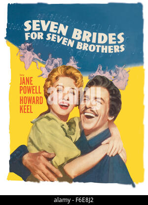 DATE DE SORTIE : Juillet 22, 1954. Titre du film : Seven Brides for Seven Brothers. STUDIO : Metro-Goldwyn-Mayer (MGM). PLOT : Adam, l'aîné de sept frères, va à la ville pour obtenir une femme. Il convainc Milly de l'épouser le jour même. De retour dans son arrière-pays. C'est alors seulement qu'elle découvre qu'il a six frères - tous vivant dans sa cabine. Milly s'attache à réformer le rustre, sœurs, qui sont désireux d'obtenir de leurs propres épouses. Puis, après avoir lu au sujet de la capture de la Romaine femmes Sabine, Adam développe une solution inspirée de ses frères' la solitude. Sur la photo : Howard Keel comme Adam Pontipee et J Banque D'Images