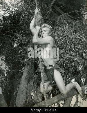 DATE DE SORTIE : octobre 1959. Titre du film : Tarzan Ape le Man. STUDIO : Metro-Goldwyn-Mayer (MGM). Résumé : Ce film a peu de rapport avec l'original 1932. Elle a toutefois soulevé (séquences teintées pour plus ou moins correspondre à la couleur), y compris avec des Weissmuller's vine-balancement. Miller n'est pas une seule fois appelé Tarzan dans le film, et son cri est également levé Weissmuller. Les éléphants qui l'épave village pygmée sont levées/vitres teintées de l'original, mais thepygmies (du vrai dans l'original) était des enfants de la part de Fairfax High School à Los Angeles. Les costumes sont laissé plus fromKing Salomon. Banque D'Images