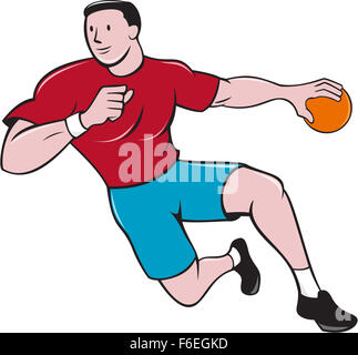 Illustration d'un joueur de handball balle jeter vu de l'avant ensemble isolées sur fond blanc fait dans un style de dessin animé. Banque D'Images