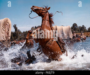 DATE DE SORTIE : Mai 24th, 1967. Titre du film : La route de l'Ouest. STUDIO : MGM. Résumé : New York 1843 : l'ex-sénateur Tadlock et scout un trek plomb étés de colons à l'Oregon, à travers plus de 2500 kilomètres de territoire indien. Tadlock conduit son peuple sans pitié. Quand son ambition certains coûts de la vie des gens, sa capacité est remise en question. Colon Evan prend commande. Sur la photo : Scène du film. Banque D'Images