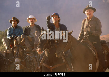 DATE DE SORTIE : Juin 10, 1994. Titre du film : City Slickers II : La Légende de Curly's Gold. STUDIO : Columbia Pictures Corporation. Résumé : La deuxième partie de City Slickers commence après la mort de Curly. Il est le 40e anniversaire de Mitch Robbins et la journée commence assez bien jusqu'à ce qu'il rentre à la maison (après une dure journée à la station de radio) et trouve son frère Glen, le mouton noir de la famille, dans son canapé. Néanmoins il est sur d'avoir un merveilleux anniversaire-nuit avec sa femme quand il découvre une carte au trésor de Curly par hasard. Avec Phil (à partir de la première partie) et malheureusement avec Glen Banque D'Images