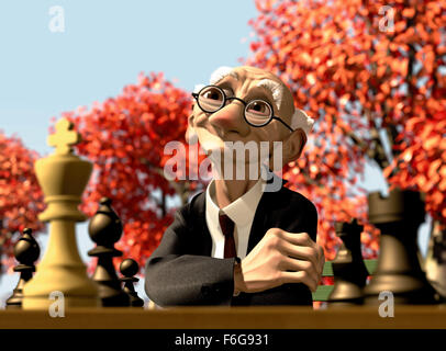 DATE DE SORTIE : Novembre 25, 1997. Titre du film : Geri's Game. STUDIO : Pixar Animation Studios. Résumé : Dans un vide, parc arboré, un vieil homme définit un jeu d'échecs. Là, il met des spectacles et fait le premier pas : 1) e4. Il enlève ses lunettes, les peuplements et avec le shuffle d'un pensionné, promenades autour de la table pour s'asseoir sur l'autre côté. Il sourit, ses yeux s'illuminer, il en riant et rend sa décision. Il marche à l'autre côté, s'assoit, met ses lunettes, et fait un mouvement. Le jeu continue, et bientôt le noir est blanc de déchiquetage, les défenses prenant pièce après pièce. Le blanc est bientôt vers le bas t Banque D'Images