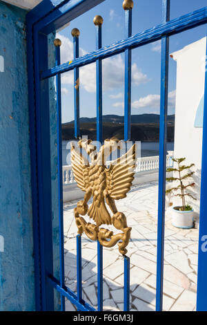 Byzantine à double tête d'aigle, dans une église orthodoxe grecque de l'île de Skyros, nord de l'Egée, la Grèce. Banque D'Images