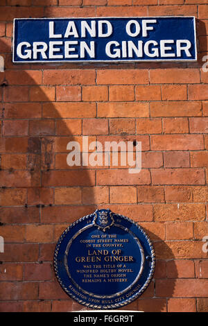 Royaume-uni, Angleterre, dans le Yorkshire, Hull, La terre de gingembre vert, signalisation routière et blue plaque Banque D'Images