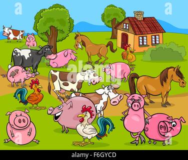 Cartoon Illustration de Scène de pays avec des animaux de ferme Illustration de Vecteur