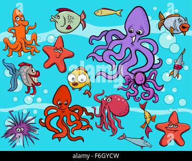 Illustrations de Funny Cartoon Animaux Sea Life et les poissons du groupe de caractères Illustration de Vecteur