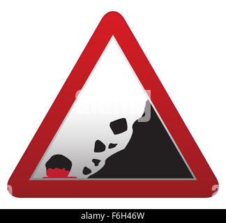 Une chute de roches triangulaires roadsign sanglante isolé sur fond blanc Banque D'Images