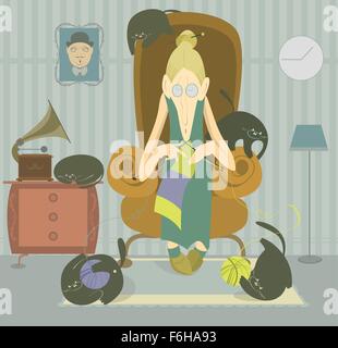 La vieille femme tricoter et les chats jouant avec des balles de fil Illustration de Vecteur