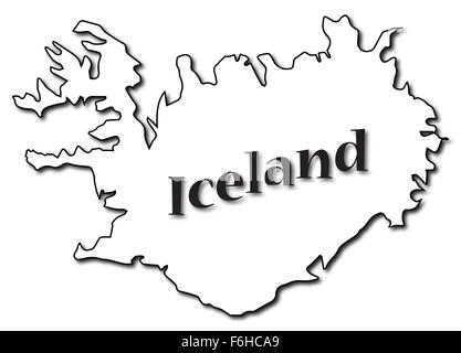 Une carte de l'Islande avec texte et une ombre isolé sur fond blanc Banque D'Images