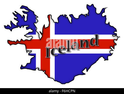 Un drapeau de l'Islande sur une carte avec du texte et une ombre isolé sur fond blanc Banque D'Images