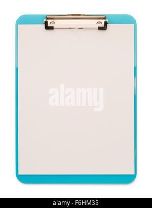 Presse-papiers en plastique avec du papier blanc isolé sur fond blanc. Banque D'Images