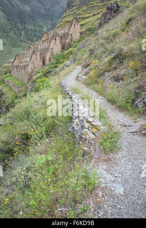 Chemin menant à d'anciens ruines Incas près de Ollantaytambo, Pérou. Banque D'Images