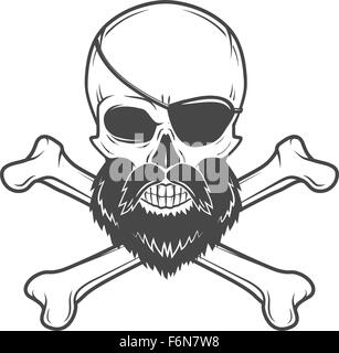 Crâne pirate avec barbe, cache et des os croisés vecteur. Edward Teach portrait. Logo Corsair modèle. L'obstruction t-shirt design insigne Illustration de Vecteur