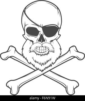 Crâne pirate avec barbe, cache et des os croisés vecteur. Edward Teach portrait. Logo Corsair modèle. L'obstruction t-shirt design insigne Illustration de Vecteur