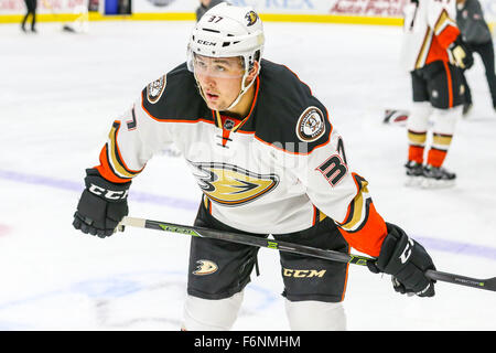 Raleigh, Caroline du Nord, USA. 16 Nov, 2015. Anaheim Ducks aile gauche Nick Ritchie (37) au cours de la partie de la LNH entre les Ducks d'Anaheim et les Hurricanes de la Caroline au PNC Arena. © Andy Martin Jr./ZUMA/Alamy Fil Live News Banque D'Images