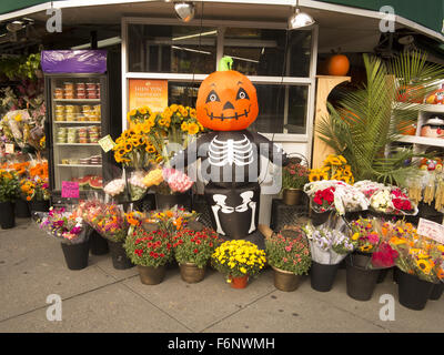 Fleurs d'automne et exposition dans une épicerie indépendante sur 7th Avenue à Park Slope, Brooklyn, NY. Banque D'Images