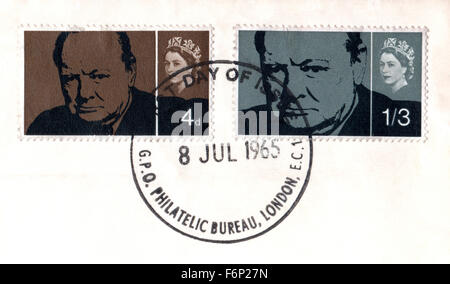 La philatélie, Royaume-Uni, 1965 Sir Winston Churchill timbres commémoratifs, London Bureau Philatélique affranchissement Premier Jour Banque D'Images