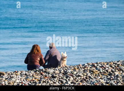 L'homme et la femme avec un chien assis sur la plage de Llandudno, Conwy, Pays de Galles, Royaume-Uni Banque D'Images