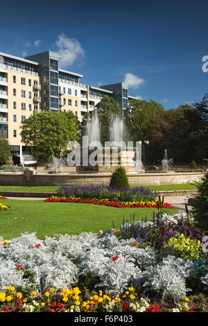 Royaume-uni, Angleterre, dans le Yorkshire, Hull, Carr Lane, Queens Gardens, plantation de fleurs et de fontaines Banque D'Images