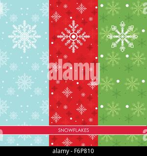 Vector Illustration de flocons de neige en trois couleurs : Fond bleu rouge et vert pour Noël et d'hiver Illustration de Vecteur