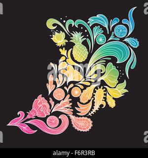 Vignette colorée avec des tourbillons, des fruits, et de fleurs pour Paisley design voyage lumineux Illustration de Vecteur