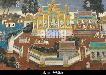 Phnom Penh, Cambodge : Détail de la Reamker murales au Palais Royal complexe. Banque D'Images