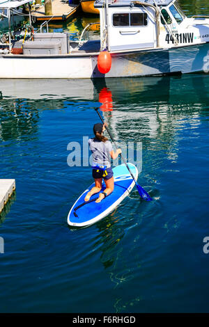 Jeune femme monter sur un paddleboard port de Santa Barbara, Californie Banque D'Images