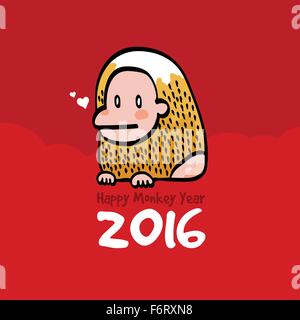 Vector Illustration of Happy Monkey 2016 Zodiaque Chinois Carte de souhaits part Dessiner sur fond rouge Illustration de Vecteur