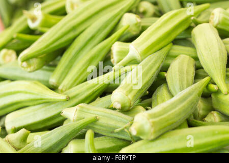 Pile de l'okra mûres pour la vente au marché de producteurs locaux Banque D'Images