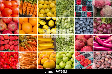 Collage de produire des fruits et légumes populaires dans le motif d'un arc-en-ciel Banque D'Images