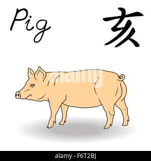 L'Est de signe de zodiaque cochon, symbole de la nouvelle année dans le calendrier chinois, à la main des illustrations vectorielles isolé sur fond blanc Illustration de Vecteur