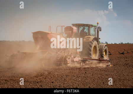 La poussière qu'il crée du tracteur remorque une grand semoir derrière elle tandis que les semis de graines. Banque D'Images