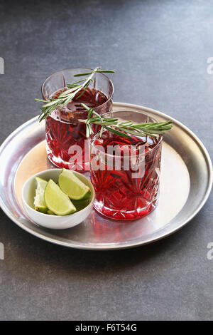 Deux verres de cocktail de canneberges au romarin garnir Banque D'Images