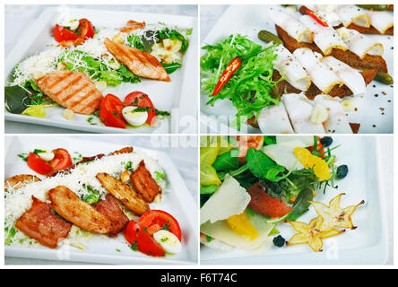 Collection de salades, isolé sur blanc. comprend une salade verte, salade verte, salade grecque, salade de poulet, et d'ingrédients. Banque D'Images