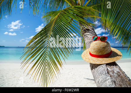 Chapeau de paille avec des lunettes de soleil en face de Paradise beach Banque D'Images