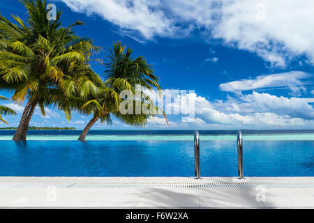 Piscine à débordement avec cocotiers en face d'un paysage tropical Banque D'Images