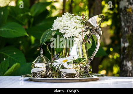 Nature morte avec un pot de café et de fleurs d'été, Freiburg, Emmendingen, Bade-Wurtemberg, Allemagne Banque D'Images