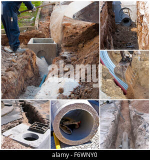 Collage des travaux d'excavation avec excavatrice pour créer un nouveau système d'égout dans une ville Banque D'Images