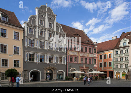 Maisons de la vieille ville, ancien conseil pharmacie avec cadrans solaires, maison avec whispering arch, Untermarkt, Görlitz, Saxe, Bavière Banque D'Images