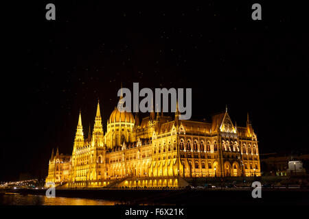Le bâtiment du parlement hongrois1904, sur les rives du Danube, Budapest. Avec les oiseaux de nuit sur l'air chaud de l'ascendance thermique. Banque D'Images
