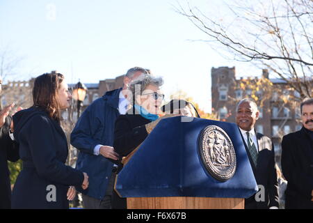 New York City, United States. 20 Nov, 2015. La chanteuse Bette Midler Le document s'adresse au Parc Joyce Kilmer. Maire de Blasio, ancien maire Mike Bloomberg et Bette Midler rejoint d'autres dirigeants de la ville au parc Joyce Kilmer dans le Bronx pour célébrer la plantation d'un million de nouveaux arbres dans NYC avant l'échéancier prévu. Credit : Andy Katz/Pacific Press/Alamy Live News Banque D'Images