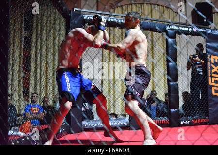 Gibraltar. 20 Nov, 2015. Joe Williams a défendu son titre, Gibraltar avec ceinture MMA contre Andy Palin MMA Système équipe britannique à la salle centrale à Gibraltar. Le Gibraltar Cage MMA Fight Night, "Rock en état de siège" a également vu des combats entre Nathan Ponce de Leon Gib MMA vs Ruben Abdeslam, Vera MMA Melilla Espagne - 95 Kgs, Francis Cabrera Gib MMA vs Ben Ali Mouad MMA Tanger - 70 Kgs, Ben Carter Système MMA UK vs Santiago Porras MMA Melilla Espagne - 90 Kgs, Jyl Poso Gib MMA vs Ismael Bekarni MMA Malaga Espagne - 85 Kgs, Nazart Abdeslam Vera MMA Melilla Espagne vs Yvav Geraghtyhy Système MMA UK - 80 Kgs, © Ste Banque D'Images