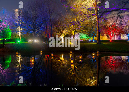 Brentford, Londres, Royaume-Uni. 20 Nov, 2015. La Forêt Enchantée retourne à Syon Park et chambre à Brentford le 20 novembre pour sa 10e année. Un sentier mène les visiteurs à travers le parc et autour de la rivière Serpentine de Capability Brown, se terminant à la 16e siècle de Syon House et la grande véranda avec effets de lumière, les arbres illuminés et des chiffres, et un show laser. Credit : Imageplotter/Alamy Live News Banque D'Images