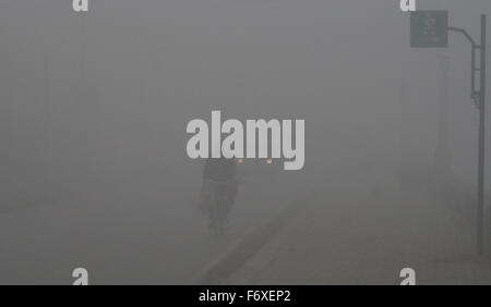 Srinagar, Cachemire indien:20 novembre . Un homme Cachemire monte un vélo comme un épais brouillard enveloppe le crédit ville : Sofi Suhail/Alamy Live News Banque D'Images