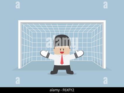Businessman jouer gardien debout face au but prêt à bloquer le ballon, VECTOR, EPS10 Illustration de Vecteur