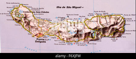 Carte de l'île de Sao Miguel, qui font partie des Portugais des Açores Banque D'Images